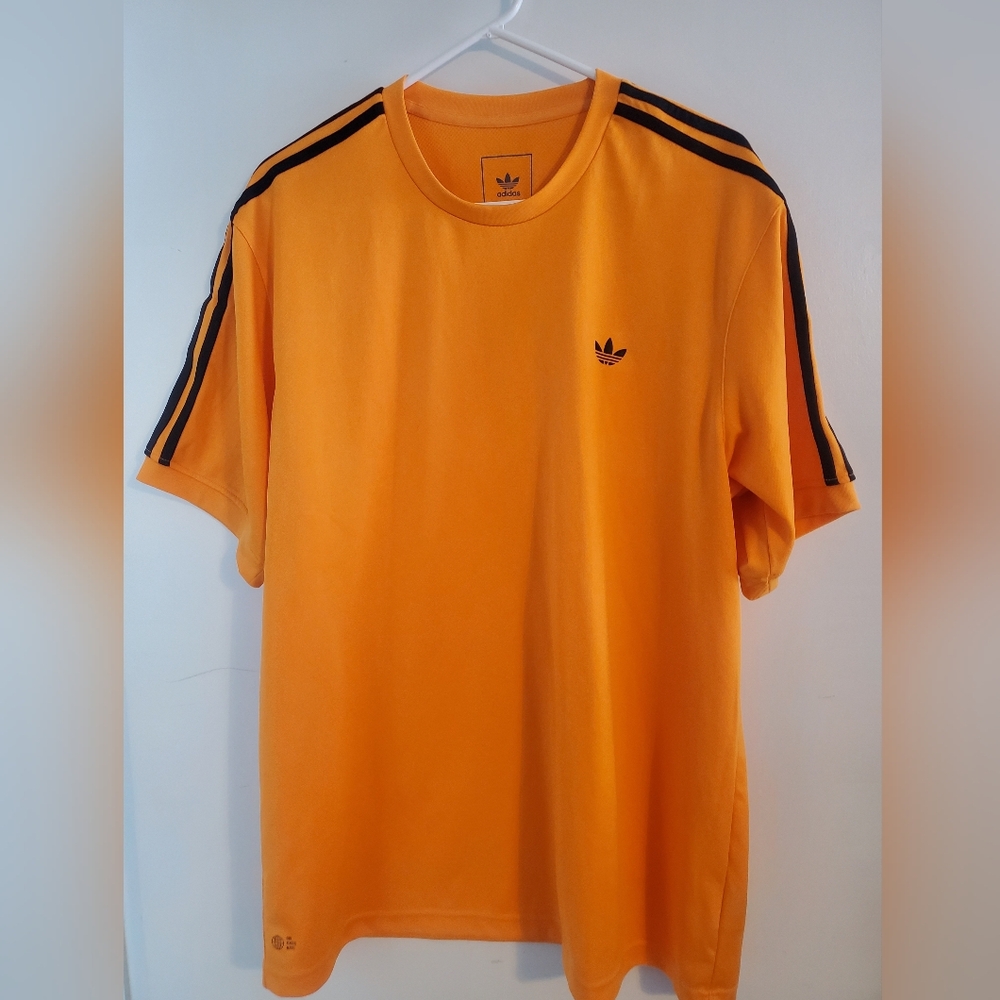 Adidas Men's Bright Orange Tee with Black Stripes - Picture 3 of 5